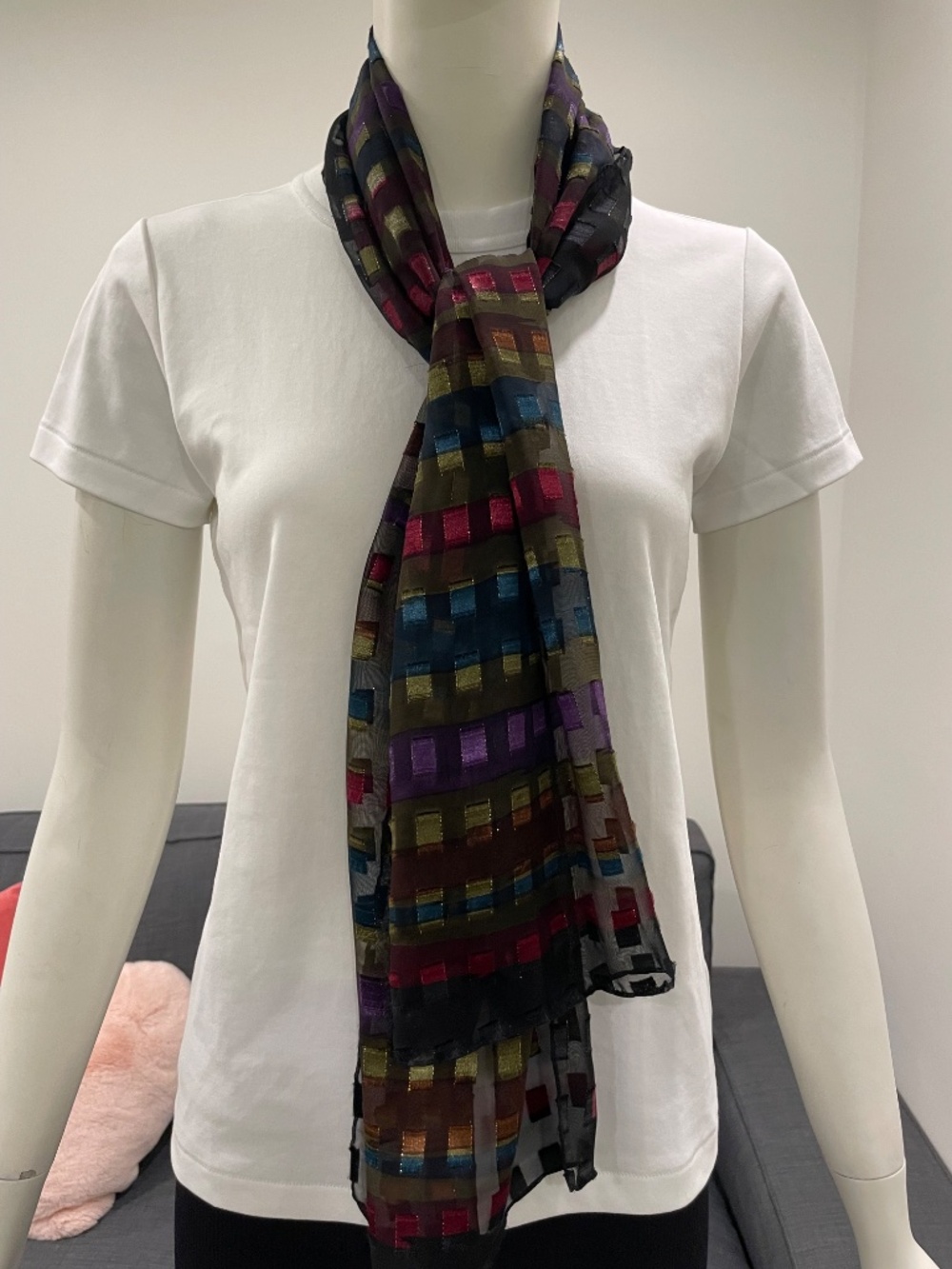 Lightweight Sheer Black Scarf with Jewel-Toned Squares 13.5" x 57" Rectangle